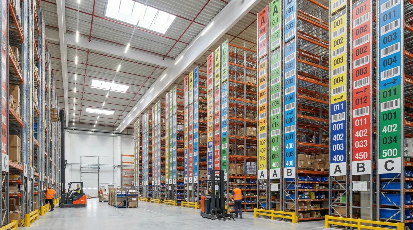 Organized warehouse aisles with neatly stacked and labeled inventory